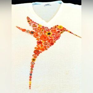 LAUREN MOSHI Fleece Oversized Floral Bird Design Sweater Size Medium